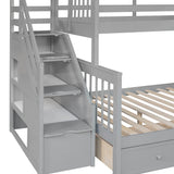 HRJHLucky Twin Over Full L-Shaped Bunk Bed with 3 Drawers,Triple Bunk Bed with 3 Drawers and Storage Stairs,Wood Corner Beds for Kids, Teens, Adults (Gray) HRJHLucky