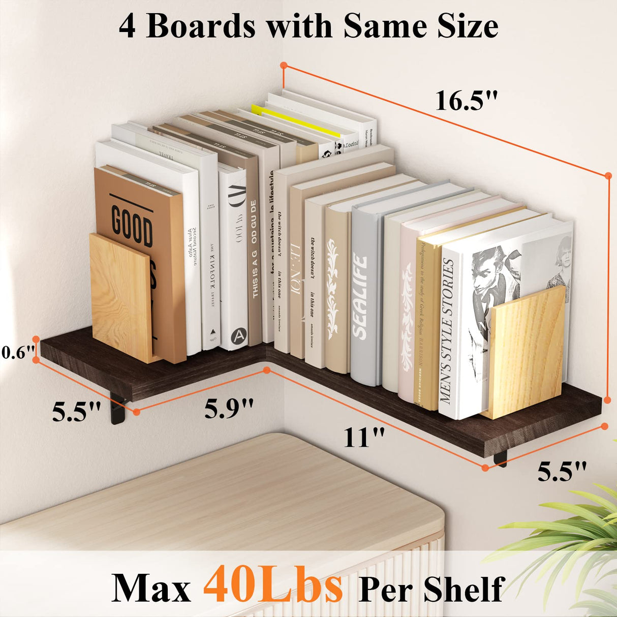 Love-KANKEI Corner Shelf Wall Mounted,Floating Wall Shelves for Storage,Rustic Wood Hanging Shelves for Display,Bedroom Bathroom Living Room Kitchen,Set of 4, Dark Brown Love-KANKEI