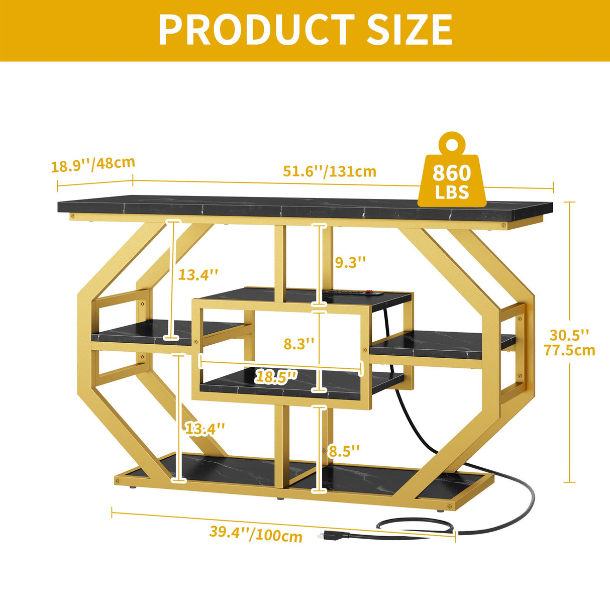 DWVO 55-75 Gallon Aquarium Stand with Power Outlet, Display Stand for Turtle Tank, Reptile Terrarium, Metal Fish Tank Stand Suitable for Living Room, Entryway, 860LBS Capacity, Black & Gold DWVO