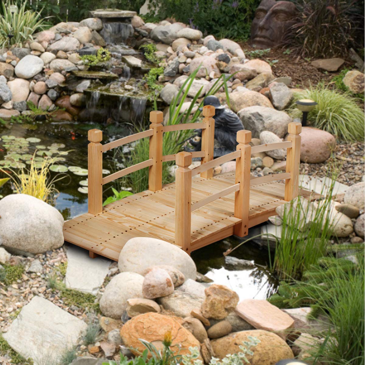 S AFSTAR Garden Bridge, 5FT Wooden Arc Footbridge for Outdoors with Safety Guardrails, Decorative Landscaping for Garden Yard Walkway Creek Farm, 400 LBS Capacity (Natural Finished) - WoodArtSupply