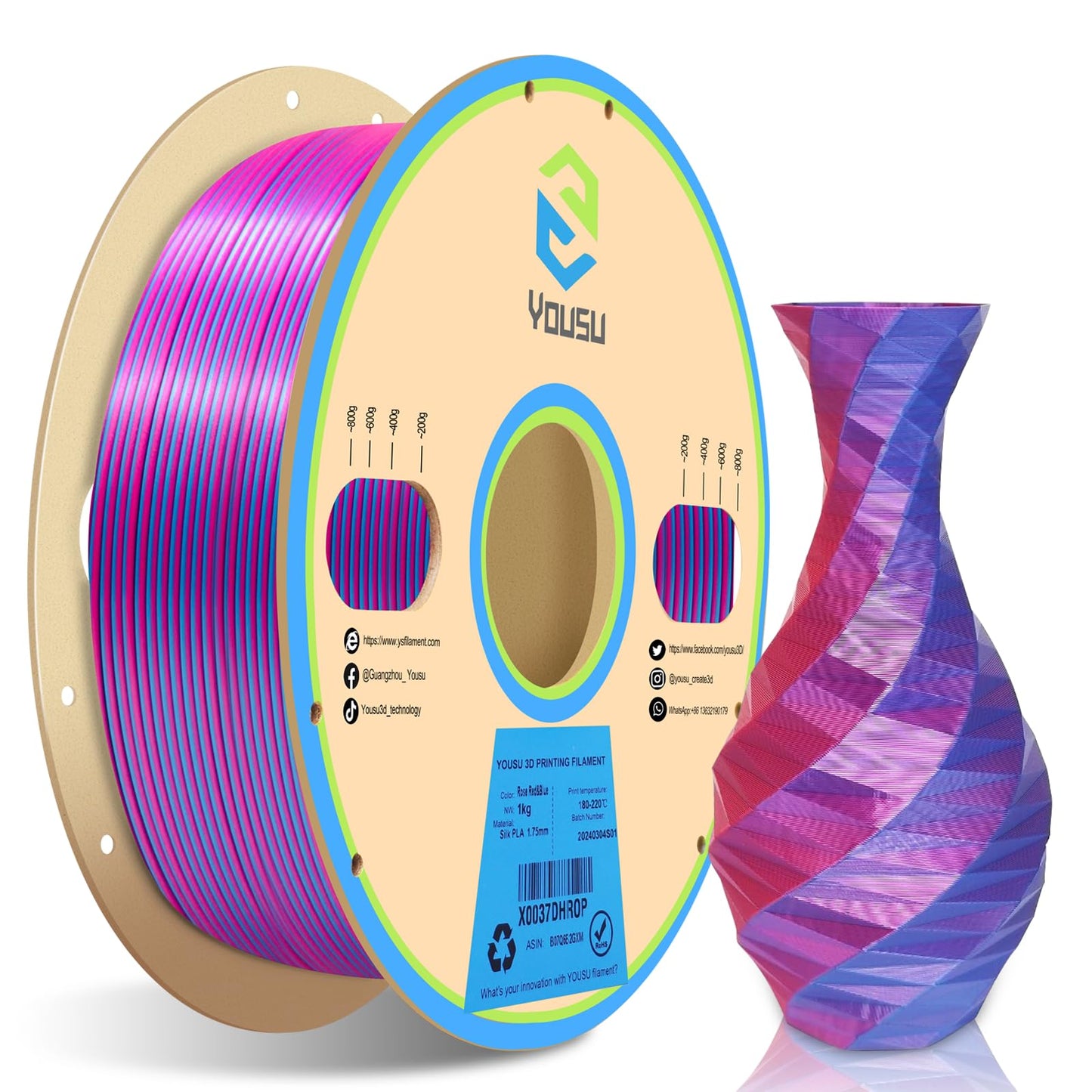 YOUSU Silk PLA Filament 1.75mm, 3D Printer Filament Dual Color Coextrusion Filament Silk Rose-Red Blue Color Change PLA, Compatible with Most of 3D Printer. - WoodArtSupply