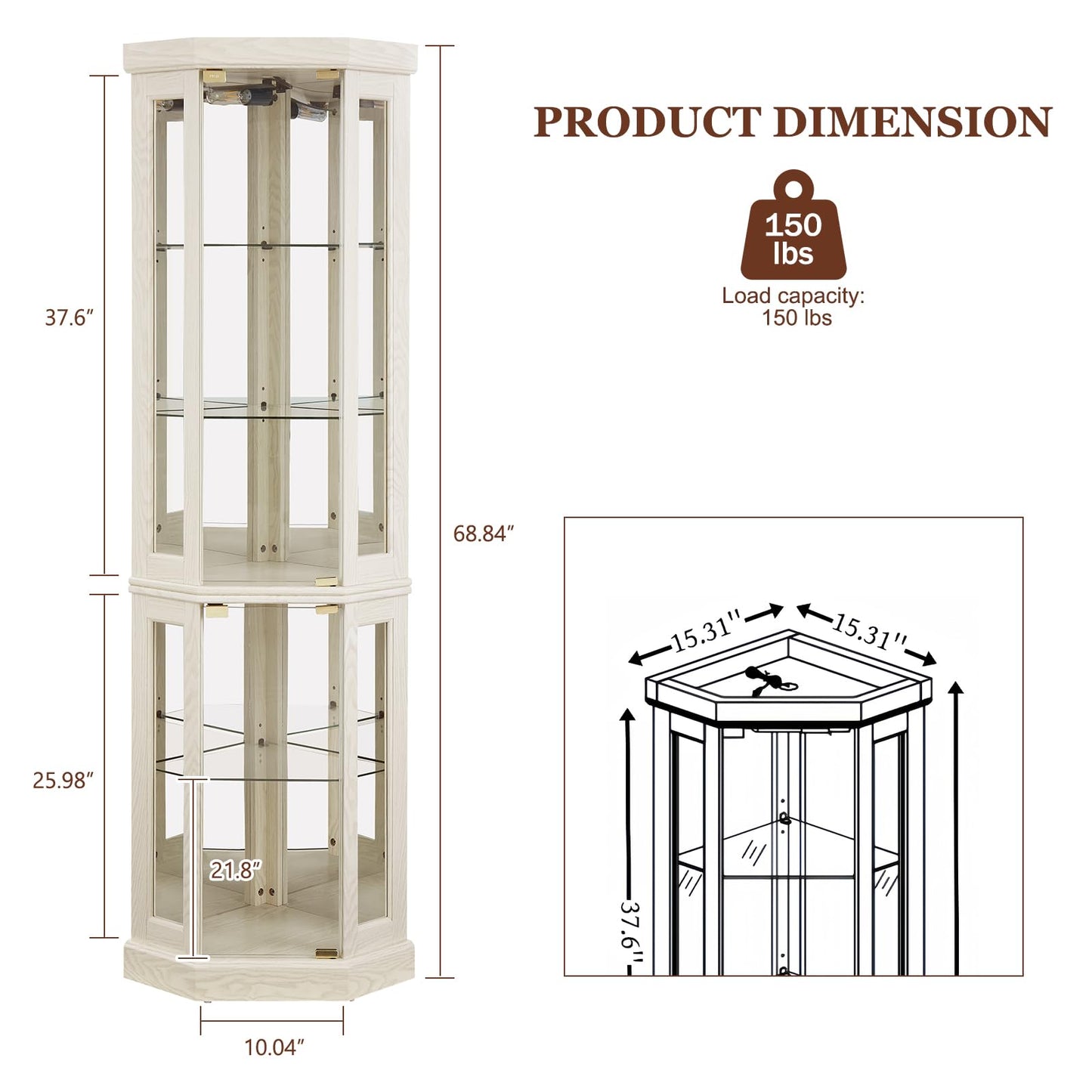 XUWANSHANG Corner Curio Cabinets,Lighted 3-Side Glass Display Curio Cabinet, Curved Wood Corner Cabinet,Curio Cabinets with Glass Doors,Adjustable Shelves,Curio Cabinet for Living Room,Antique White