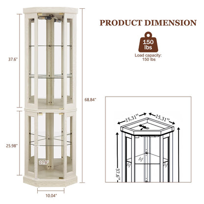 XUWANSHANG Corner Curio Cabinets,Lighted 3-Side Glass Display Curio Cabinet, Curved Wood Corner Cabinet,Curio Cabinets with Glass Doors,Adjustable Shelves,Curio Cabinet for Living Room,Antique White