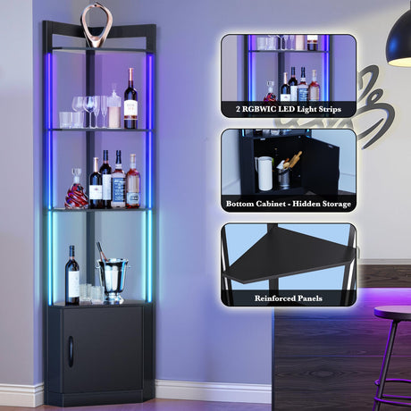 5-Tier Corner Shelf with RGB LED Light, 65" Tall Display Cabinet with Storage, Remote & APP Control, Adjustable Brightness/Color Temp, Floor Lamp with Shelves for Living Room Bedroom (Black) Eclathome