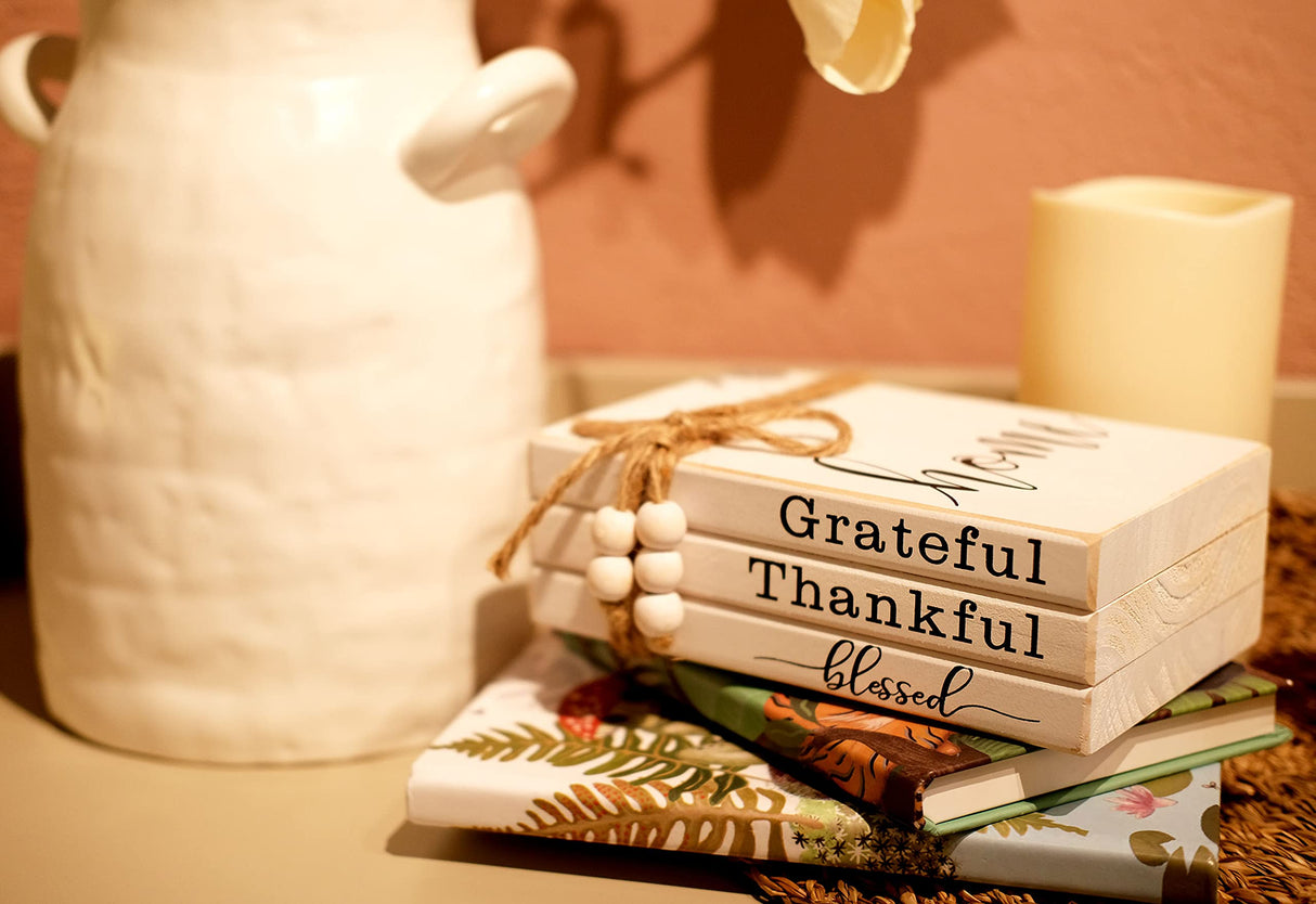 LIVDUCOT Wooden Farmhouse Decor Book Stack | Faux Book Stacks | Set of 3 Stacked Books for Coffee Tables Book Shelf Decor | Grateful Thankful Blessed Home Sign 7'x 5.5'x 2.5' LIVDUCOT