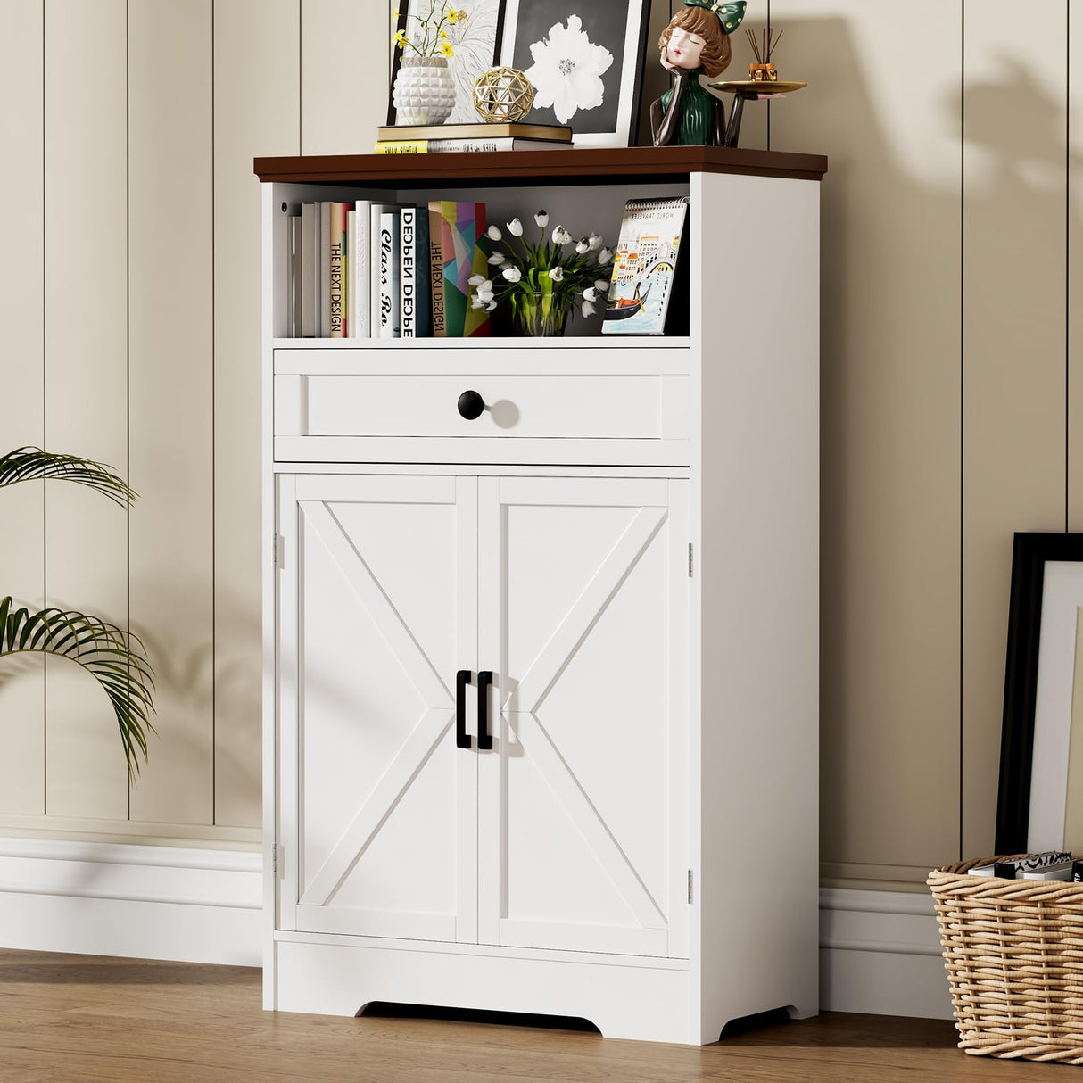 Viroformo White Floor Cabinet, Farmhouse Storage Cabinet with Barn Doors and Drawer, Freestanding Adjustable Shelf Cabinets for Bathroom, Kitchen, Living Room Viroformo