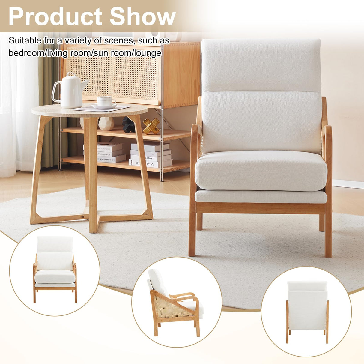 Karl home Modern Accent Chair, Mid-Century Woven Rattan Chairs with Upholstered Lounge Armchair with Oak Wood Frame & Soft Cushion for Living Room, Bedroom, Reading Room (White) Karl home