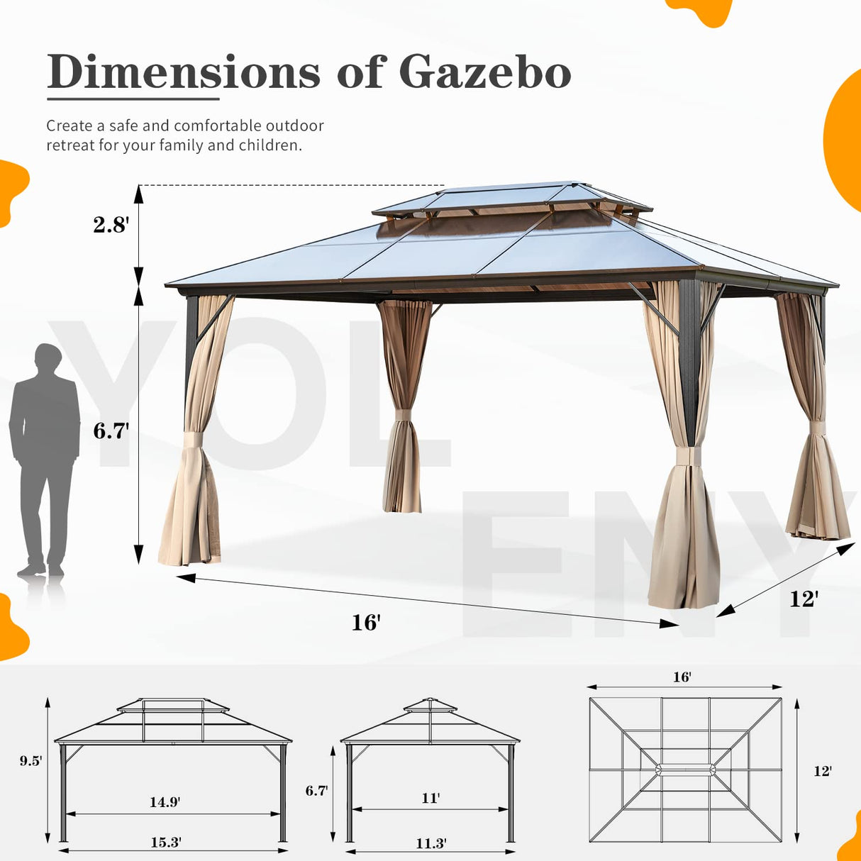 YOLENY 12'x16' Hardtop Gazebo, Outdoor Polycarbonate Double Roof Canopy, Aluminum Frame Permanent Pavilion with Curtains and Netting, Sunshade for Garden, Patio, Lawns YOLENY