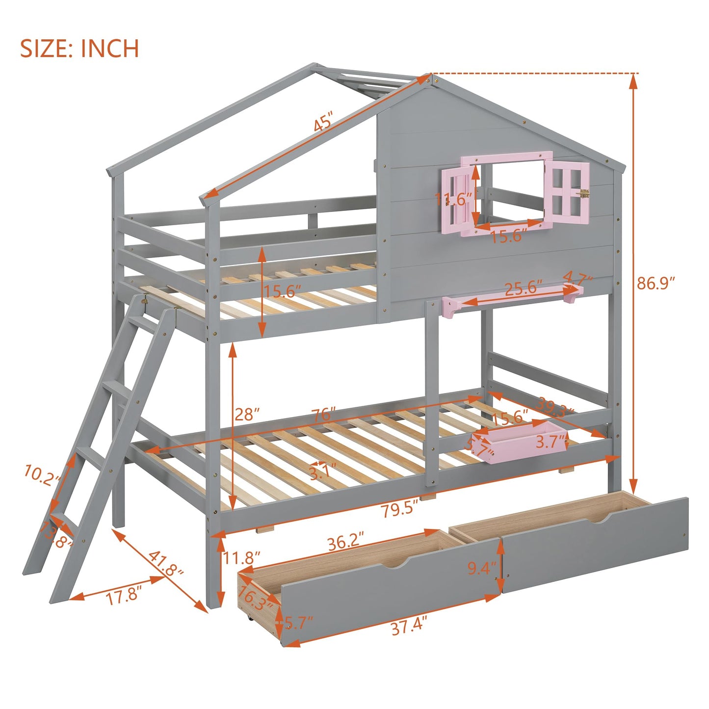 Harper & Bright Designs House Bunk Bed for Kids, Twin Over Twin Bunk Beds with Storage Drawers & Shelf, Solid Wood Bunk Bed with Roof & Window for Kids Girls Boys Teens,Gray