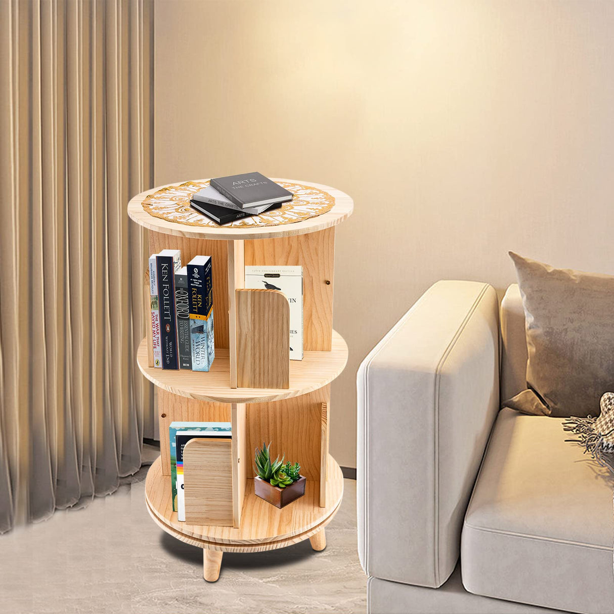 Kebayuneth 2-Tier Rotating Wooden Bookshelf - Multi-Functional Display and Storage Rack Kebayuneth