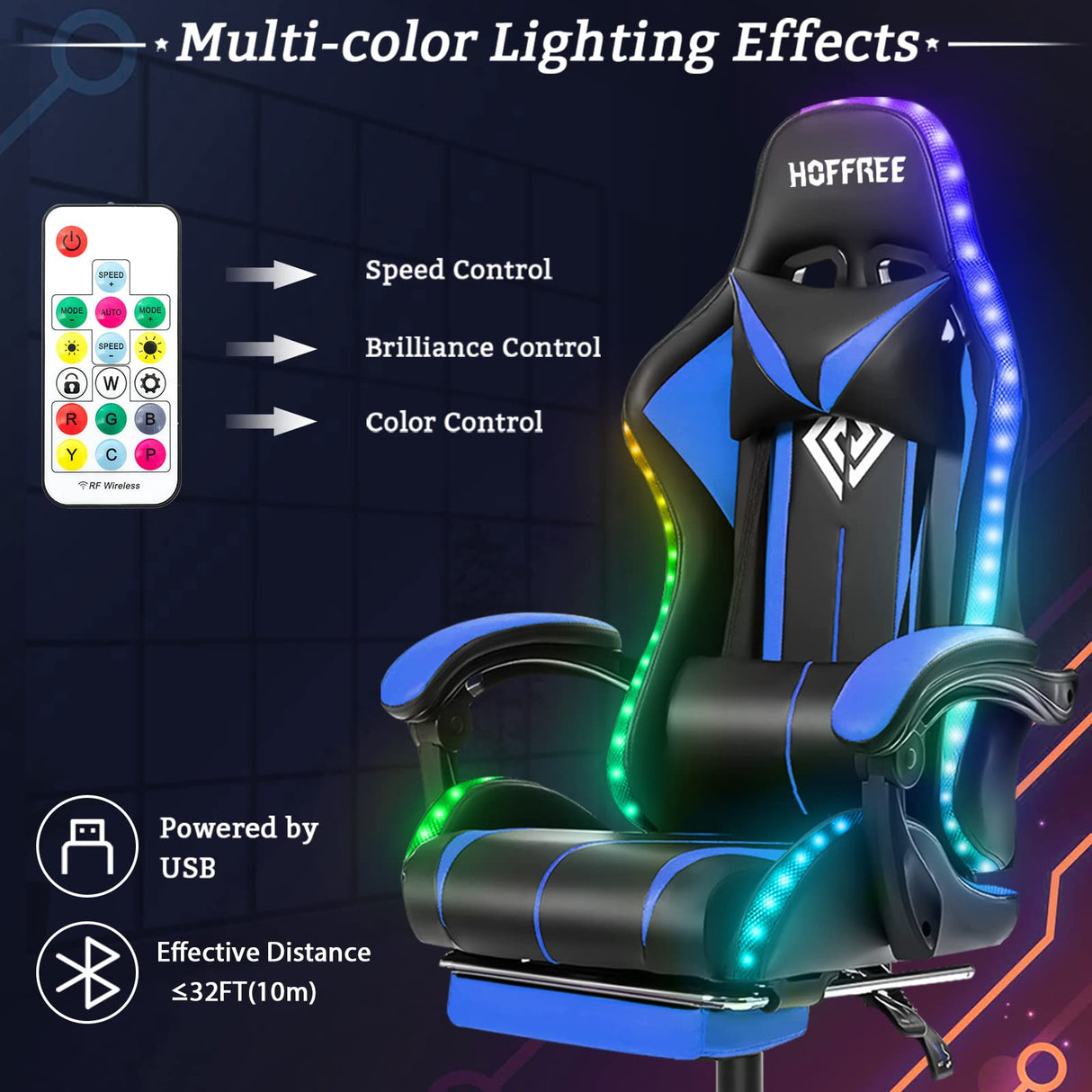 HOFFREE Gaming Chair with LED RGB Lights with Massage and Footrest Ergonomic Computer Chair High Back Video Game Chair with Adjustable Lumbar Support Linkage Armrest Blue and Black HOFFREE