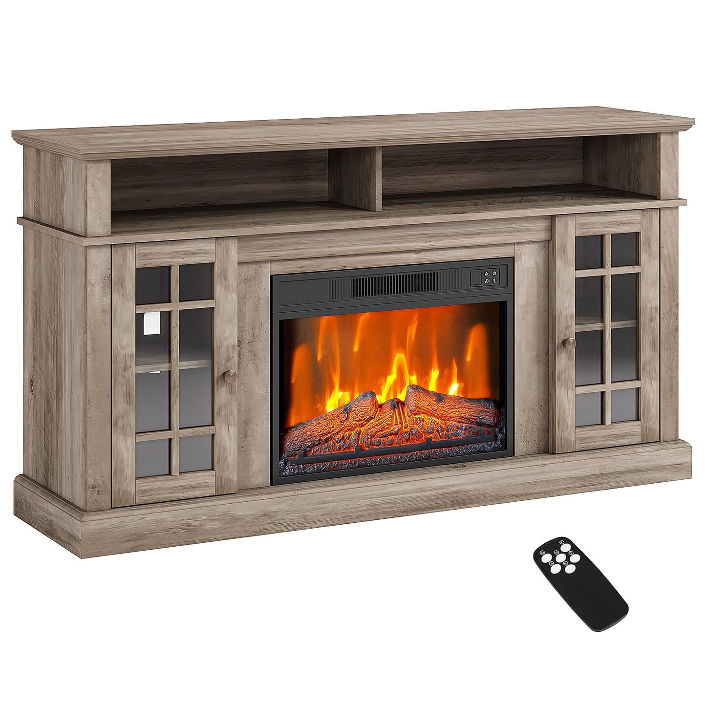 GarveeTech Farmhouse Electric Fireplace TV Stand for TVs up to 58", Entertainment Center with 23" Electric Fireplace Remote Control, TV Console Cabinet with Open Storage Shelves for Living Room, Wood