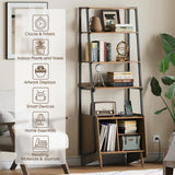 JOINICE 5-Tier Ladder Bookshelf with Cabinet,Mid Century Modern Bookshelf with Adjustable Shelf,Tall Bookshelf with Charging Station,Wood and Metal Display Rack for Living Room,Bedroom,Office,Walnut JOINICE