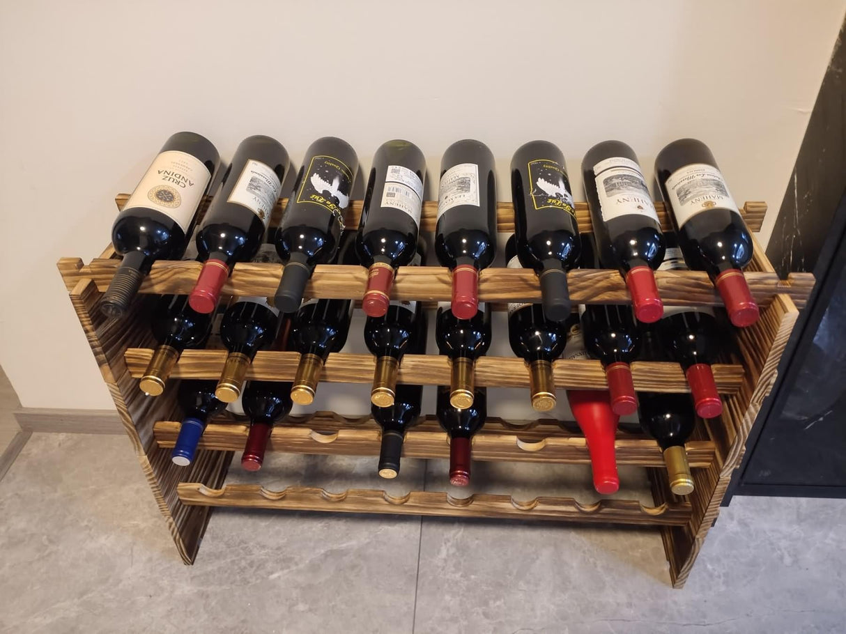 LoongZDD Carbonized Pine Wood Wine Rack - 4-Tier Stackable Wine Storage, Holds 32 Bottles, Modular Wine Organizer for Home Bar, Kitchen, Living Room LoongZDD