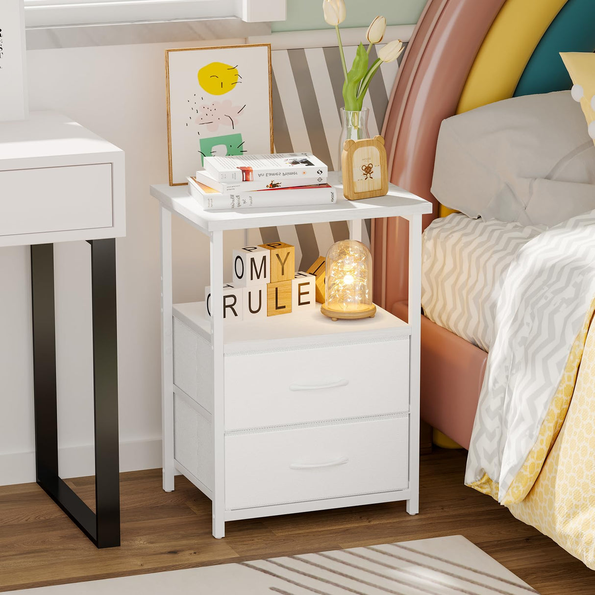 Fixwal White Night Stand with Charging Station, Bedroom Nightstand with Fabric Drawers, Bedside Table with PU Finish Fixwal