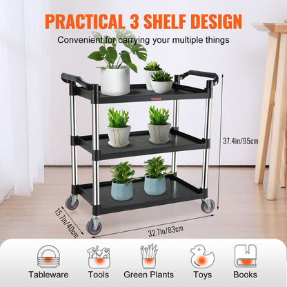 VEVOR Utility Service Cart, 3 Shelf Heavy Duty 154LBS Food Service Cart, Rolling Utility Cart with Lockable Wheels, 32.7" x 15.7" x 37.4" Plastic - WoodArtSupply