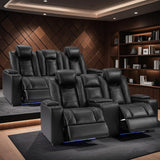 ANJ Modular Power Recliner Set: 5-Seat Home Theater Seating with 2 Loveseats (Center Console & Fixed Middle), LED Lights, USB Charging, Faux Leather for Living Room (Black) ANJ