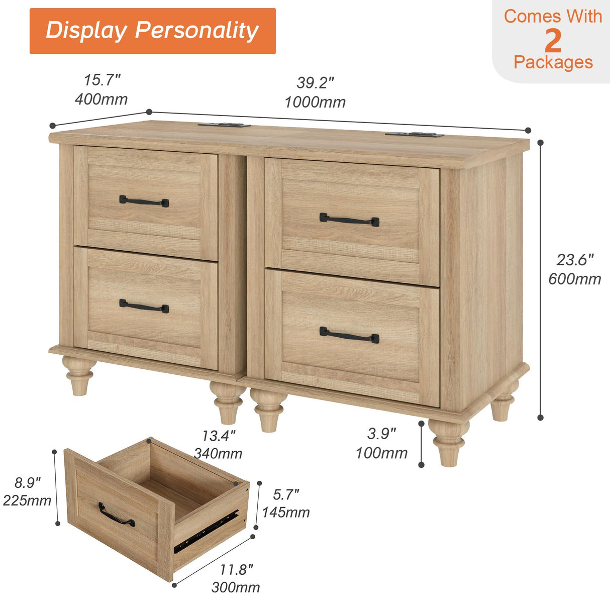 WAMPAT Nightstands Set of 2 Side Table with Charging Station, Light Wood End Tables with 2 Drawers for Living Room, Farmhouse Night Stand Bedside Table for Bedroom, Oak WAMPAT