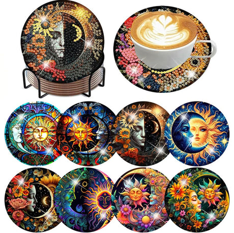 ijbnhd 8 Pcs Sun & Moon Diamond Art Coasters with Holder-DIY Sun & Moon Diamond Painting Coasters 5D Art Coaster with Cork Pads for Adults for Holiday Gift ijbnhd
