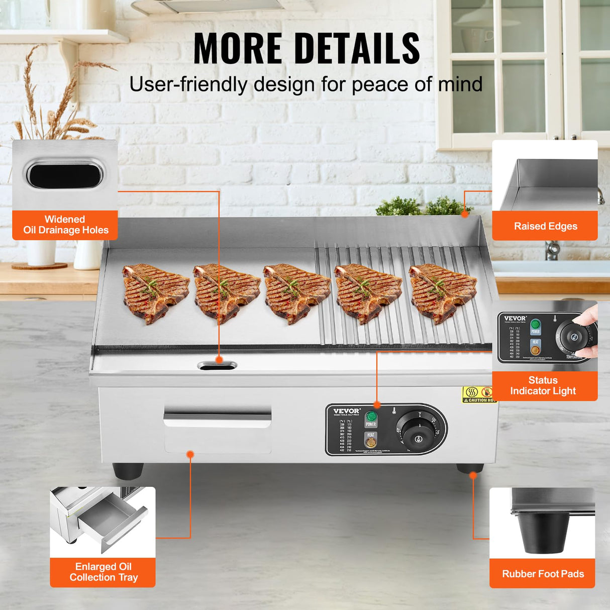 VEVOR Commercial Electric Griddle, 1600W Countertop Half-Flat Top Grill, 22in Stainless Steel Griddle Grill with 2 Shovels and 2 Brushes for Home or Restaurant, 122℉-572℉ Adjustable Temp VEVOR