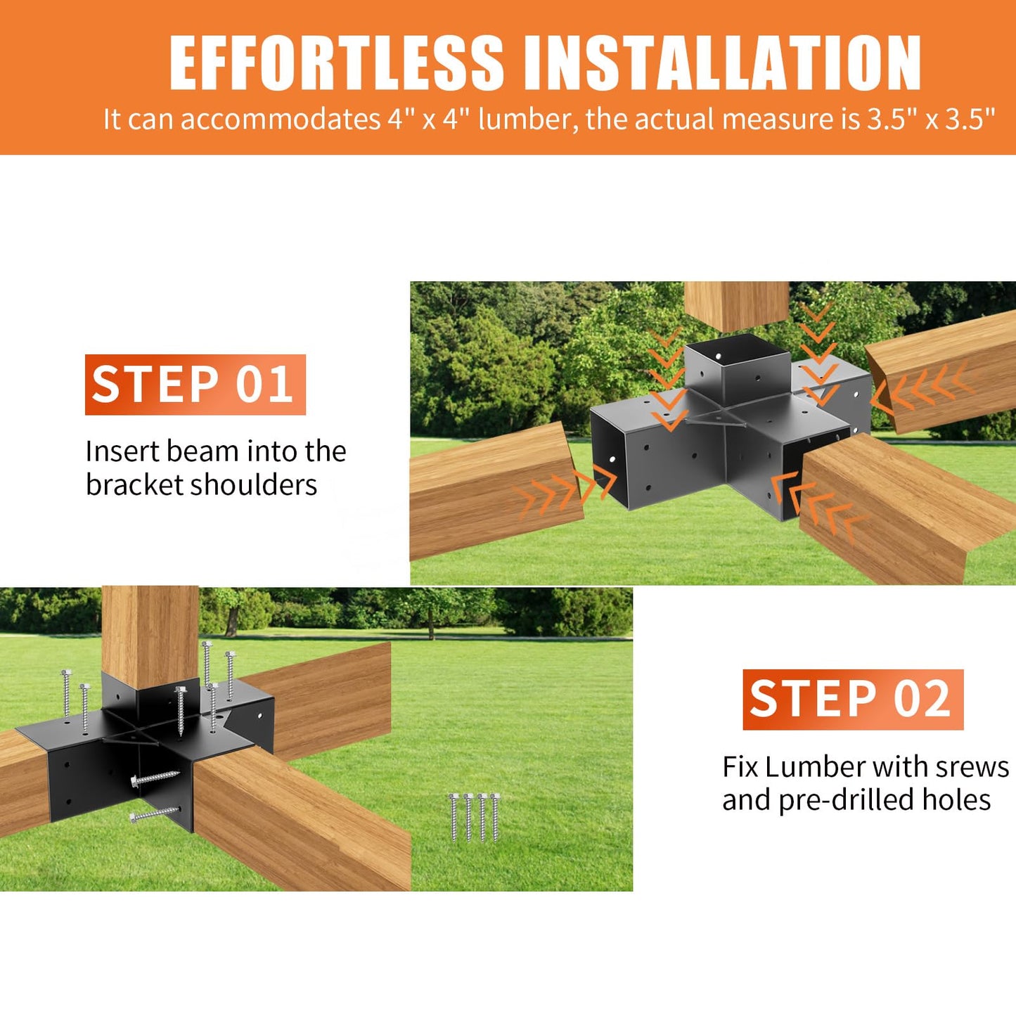 TOPTGO Pergola Brackets 4x4 (Actual: 3.5x3.5 in),2 Pack 4-Way Right Angle Corner Bracket Pergola Kit for Wooden Beams Lumber Gazebos Patio Pergola Sheds