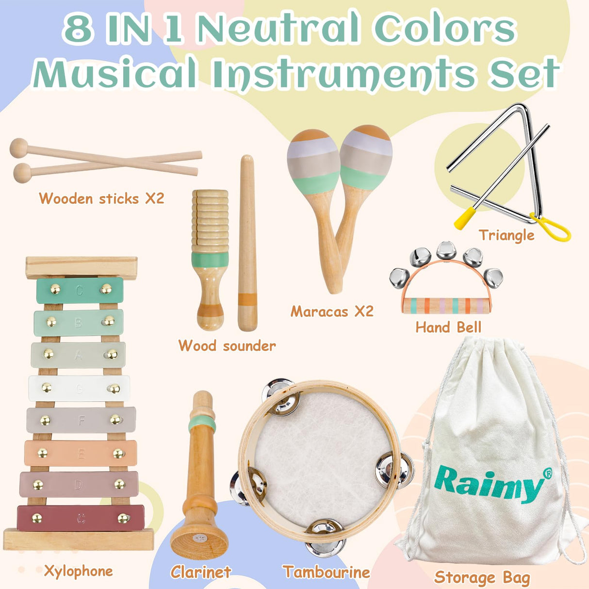 Raimy Musical Instruments Set - Neutral Colors Wooden Montessori Toys Percussion Music Modern Boho Xylophone Birthday Gifts for 1 2 3 Year Old Kids Baby Toddlers Boys Girls with Storage Bag Raimy