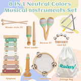 Raimy Musical Instruments Set - Neutral Colors Wooden Montessori Toys Percussion Music Modern Boho Xylophone Birthday Gifts for 1 2 3 Year Old Kids Baby Toddlers Boys Girls with Storage Bag Raimy