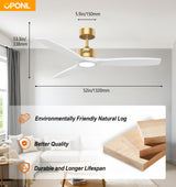 OPONL White Wood Ceiling Fan with Light 52inch, Low Profile, Remote Control, Downrod Mount, Noiseless, Reversible, 6CCT, Dimmable, 6 speeds, Timeable, Ceiling Fans with Lights for Living Room OPONL