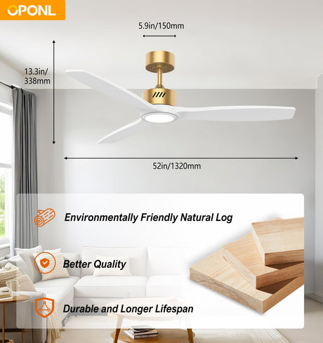 OPONL White Wood Ceiling Fan with Light 52inch, Low Profile, Remote Control, Downrod Mount, Noiseless, Reversible, 6CCT, Dimmable, 6 speeds, Timeable, Ceiling Fans with Lights for Living Room OPONL
