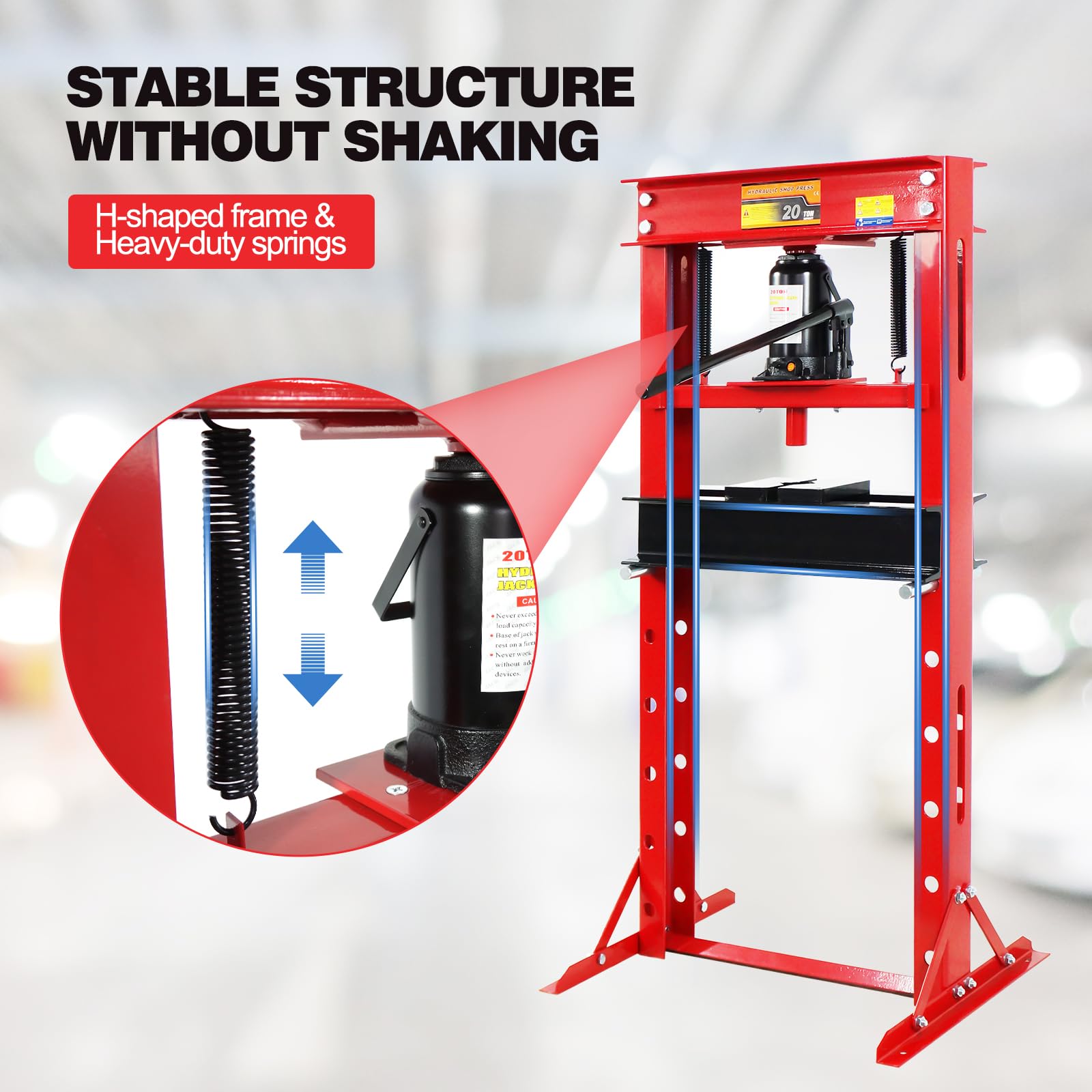 20 Ton Hydraulic Shop Press - Adjustable H-Frame Garage Floor & Benchtop Press with Removable Support Levers and Press Plates - Heavy Duty Red Hydraulic Press for Metalworking, Bending, Stamp - WoodArtSupply