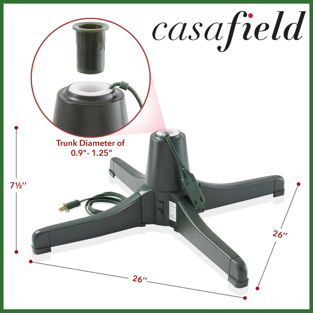 Casafield 360-Degree Rotating Christmas Tree Stand - Adjustable Revolving Base for Up to 7.5 FT Artificial Tree with 3 Built-in Electrical Outlets, Green Casafield