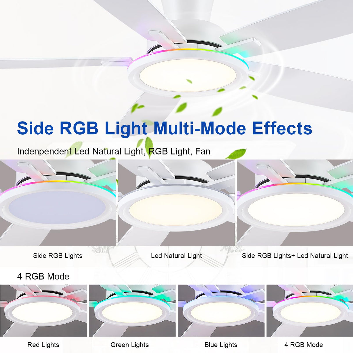 BYKISTOK Flush Mount RGB Ceiling Fan with RGB Light - 52In White Ceiling Fan Light with Reversible Mute Motor, 3CCT LED Dimmable, Low Profile Modern Ceiling Fans for Indoor, Party, Living Room BYKISTOK