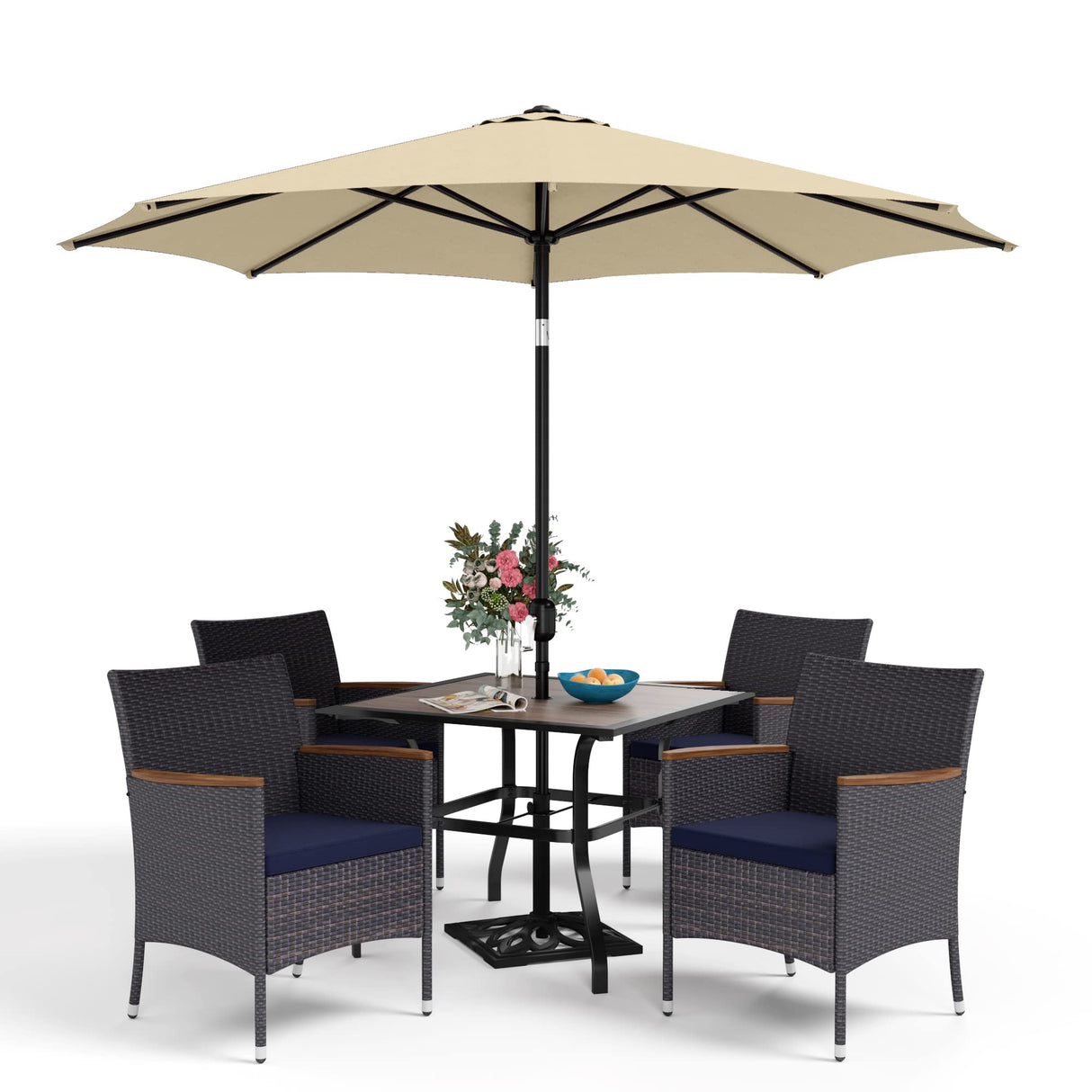Sophia & William 5 Pieces Outdoor Furniture with 9ft Beige Patio Umbrella, Outdoor Patio Dining Set for 4 People, Square Faux Wood Patio Table and Rattan Chairs, Patio Furniture Set with Seat Cushions Sophia & William