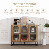 YHAOWORKS Sideboard Buffet Cabinet with Storage - Modern Fluted Glass 3 Doors Accent Storage Cabinet with Metal Legs, Wood Credenza for Living Room (Walnut 1PC) YHAOWORKS