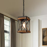 2 Pack Rustic Farmhouse Wood Pendant Light Fixture One-Light Adjustable Chain Oak Wood and Metal Lantern Cage Small Pendant Lighting for Kitchen Island Sink Hallway Farmhouse Bathroom Bar, Black RKUCSR