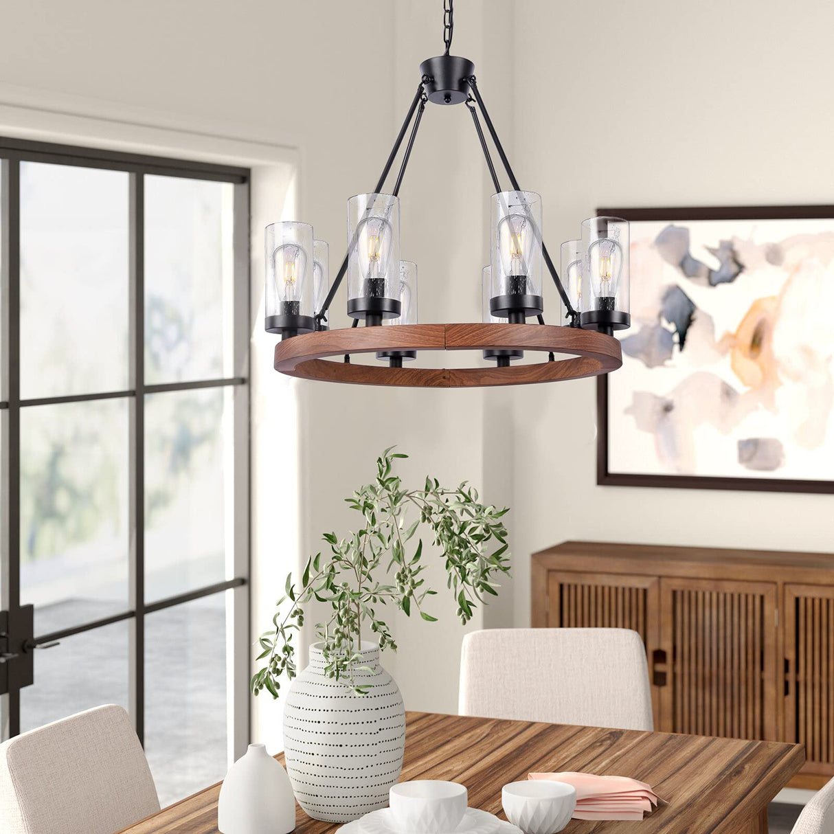 Wellmet 8-Light Farmhouse Chandeliers for Dining Room, 30 inch Rustic Wagon Wheel Chandelier with Seeded Glass Shade, Antique Vintage Round Wood-Painted Hanging Lighting Kitchen Island Living Room Wellmet