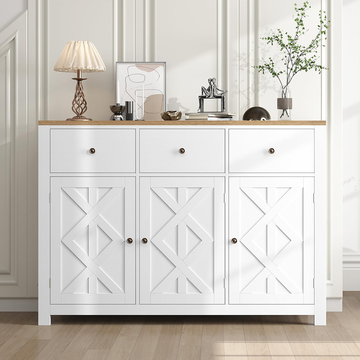 finetones Buffet Cabinet with Storage, 47.3” Farmhouse Sideboard Buffet Cabinet, White Kitchen Cabinet Display Cabinet with 3 Drawers and 3 Doors, Wood Coffee Bar Cabinet for Kitchen Dining Room finetones
