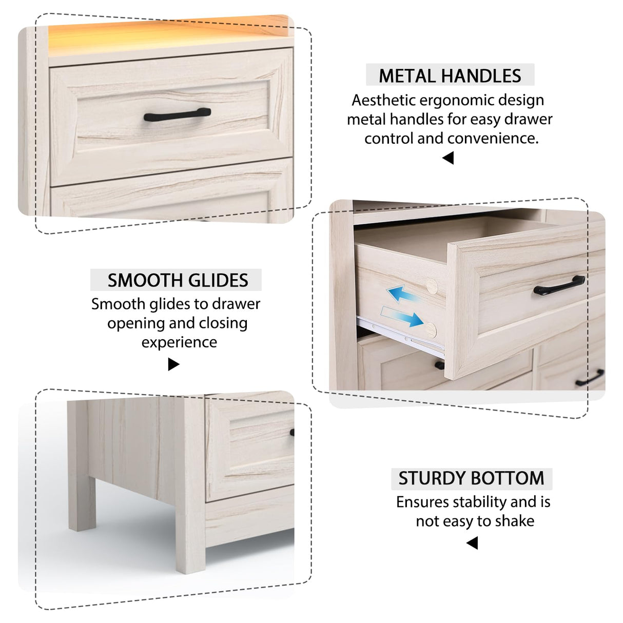 Hlivelood Farmhouse 9 Drawer Dresser with LED Lights, 63" Wide Large Chest of Drawers for Bedroom, Modern Wood Dresser Storage Organizer with Charging Station for Living Room, Bedroom, Hallway, Beige Hlivelood