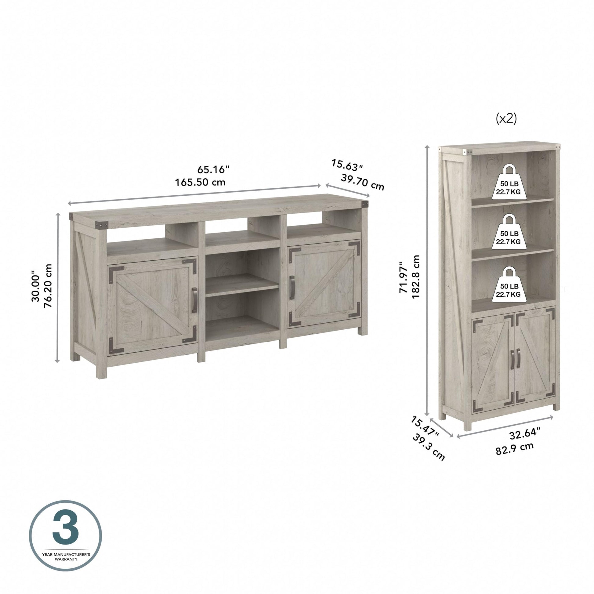 Knoxville Farmhouse TV Stand for 70 Inch TV with 5 Shelf Bookcases in Cottage White - WoodArtSupply