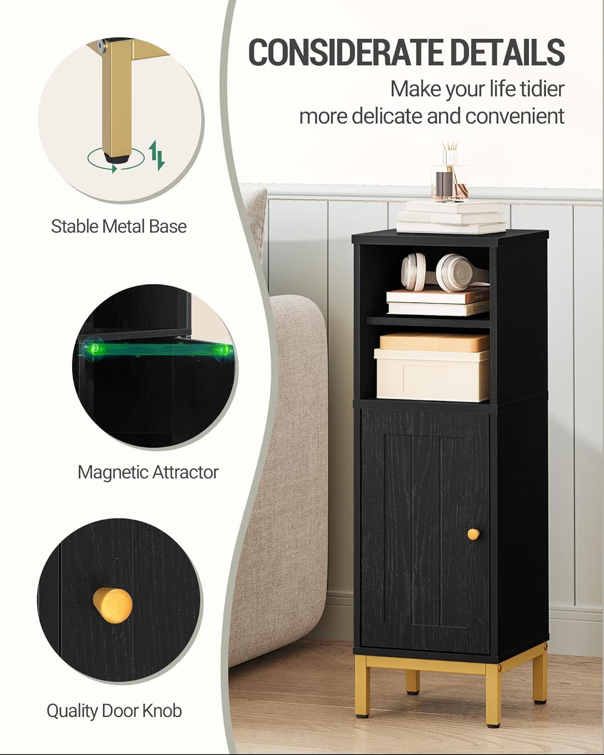 Hzuaneri Bathroom Storage Cabinet, Corner Floor Cabinet with Shelves, Customized Door Opening Direction, Bathroom Organizer with Adjustable Shelf for Kitchen, Living, Toilet Paper Cabinet, Black Hzuaneri