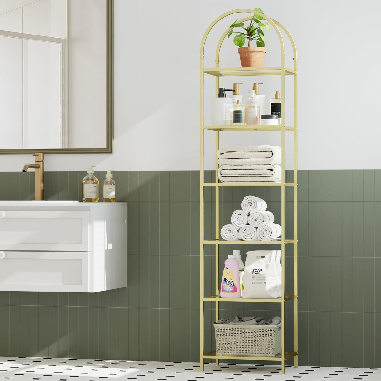 Homhedy Bookshelf Arched Display Racks,Metal Bookcase,Tempered Glass Shelves,Storage Rack Shelf for Home Office,Living Room,Bedroom, Bathroom,Modern Style (Golden, 11.8" D x 13.8" W x 68.1" H) Homhedy