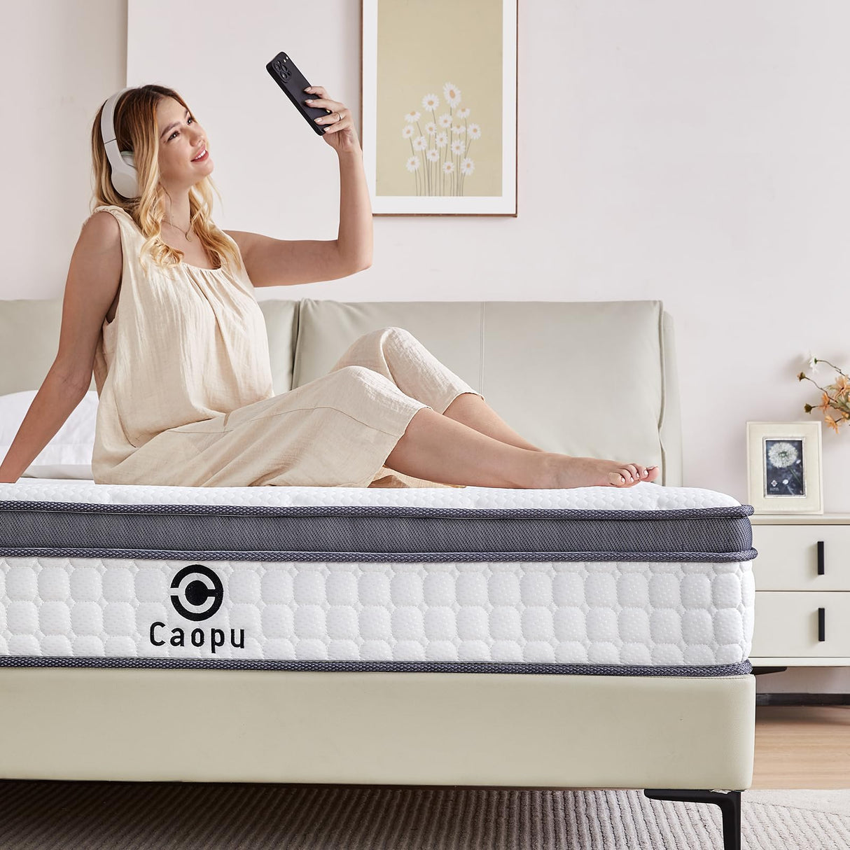 Caopu Queen Mattress, 12 inch Hybrid Mattress Queen Size in a Box, Medium Firm, Pressure Relief & Motion Isolation, Gel Memory Foam Mattress Pocket Springs, CertiPUR US Certified, 365 Nights Trial Caopu