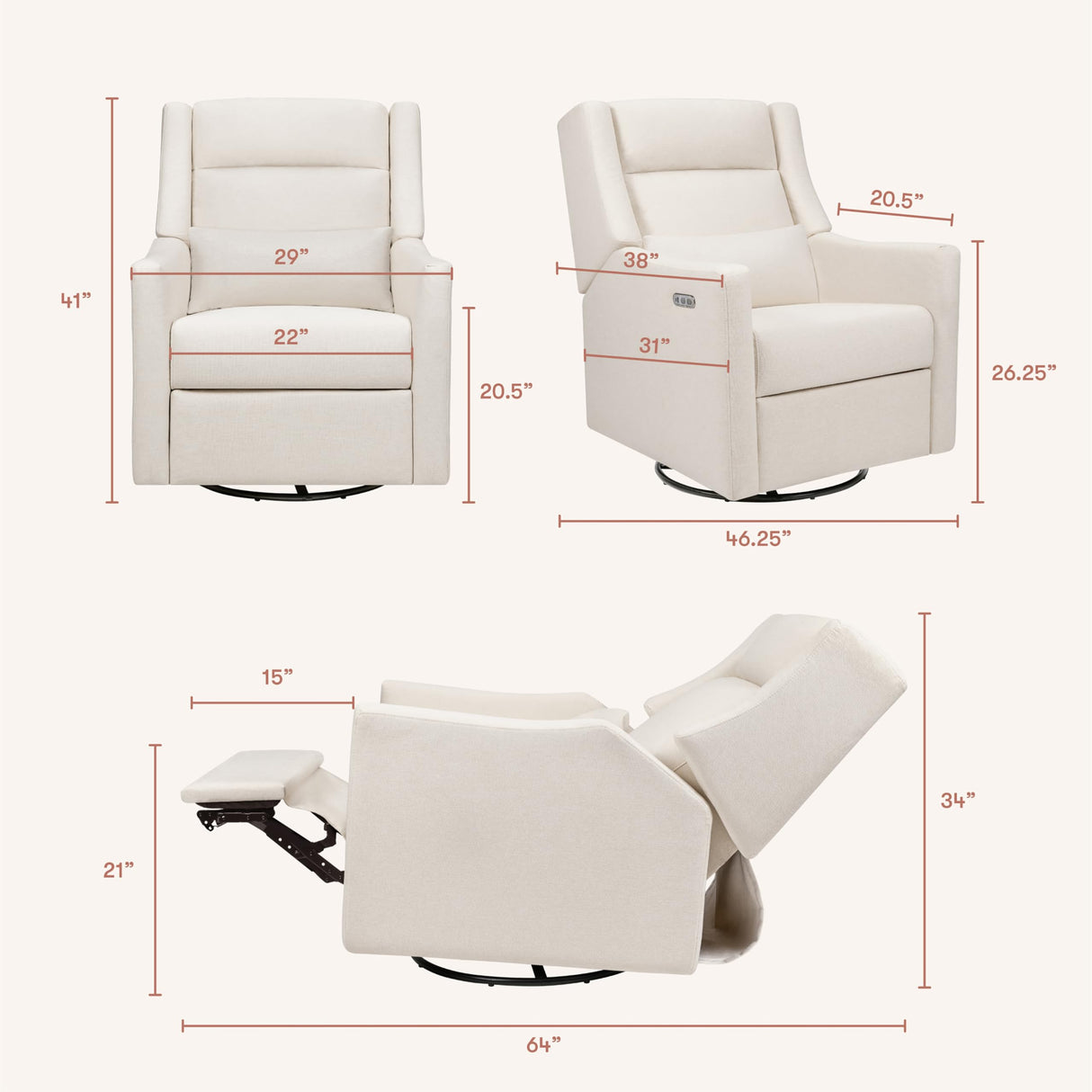 babyletto Kiwi Plus Electric Power Glider Recliner Nursery Chair w/USB Ports - Water & Stain Resistant Glider Rocking Chair for Nursery - GREENGUARD Gold Certified 270° Swivel Rocker Recliner - Cream babyletto