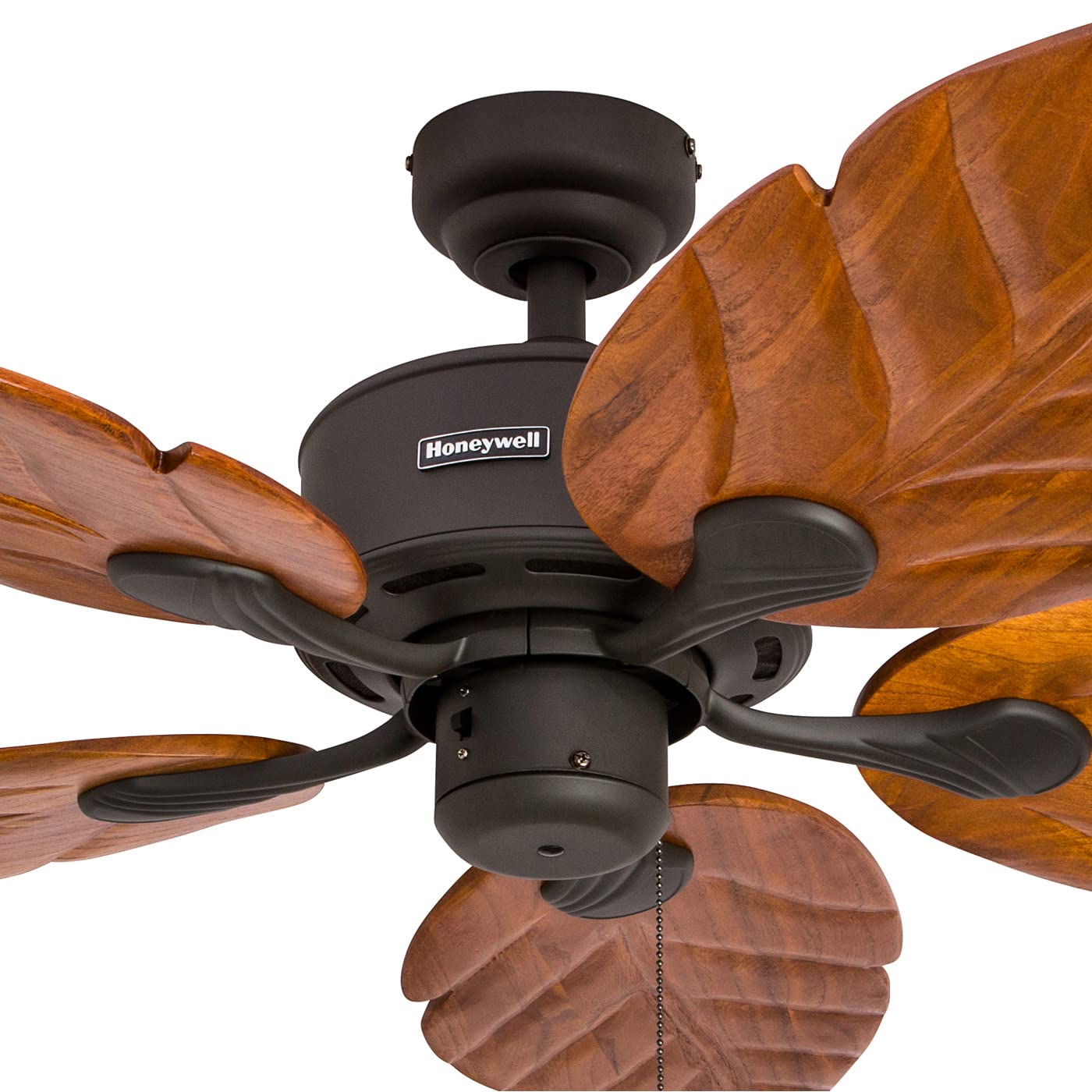 Honeywell Ceiling Fans Royal Palm, 52 Inch Tropical LED Ceiling Fan with Light, Pull Chain, Three Mounting Options, Hand Carved Solid Wood Blades - 50204-01 (Bronze) - WoodArtSupply