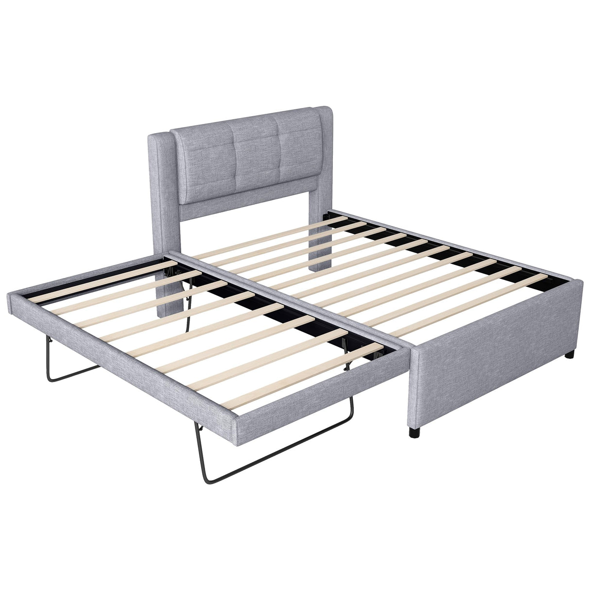 Merax Full Size Upholstery Platform Bed with Trundle,Trundle can be Flat or Erected, Modern Bed Frame with Linen Headboard for Kids, Adults, No Box Spring Needed, Gray Merax