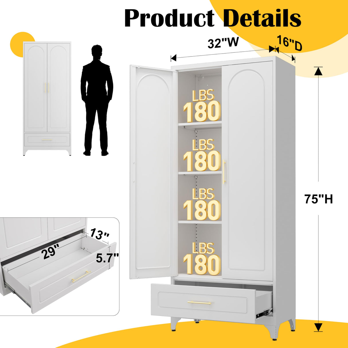 Metal Storage Cabinet with Drawers,75Inch White Pantry Cabinets for Kitchen Storage with 3 Adjustable Shelves,Tall Kitchen Pantry Cabinet for Living Room, Dining Room Office SteeLoong