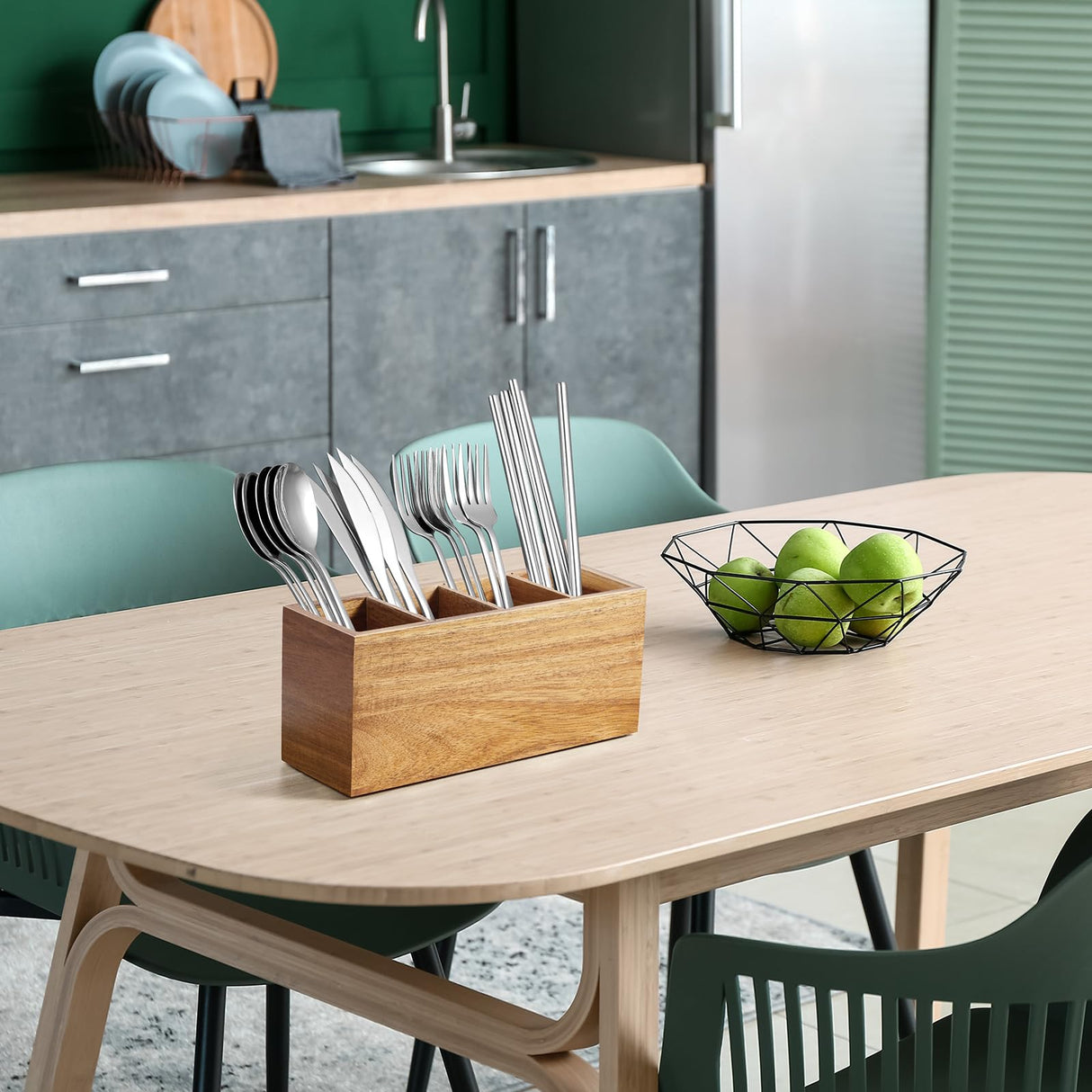 Bivvclaz Pencil Pen Holder for Desk, Acacia Wood Office Desk Organizers and Accessories with 4 Slots for Countertop, Makeup Brush Holder Organizer for Bathroom Vanity, Silverware Caddy for Party Bivvclaz