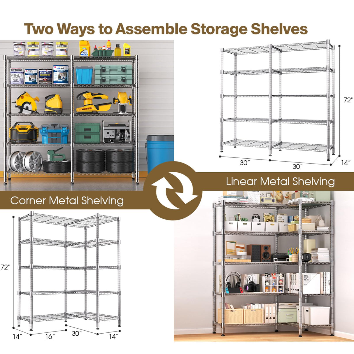 Himimi Storage Shelves-5 Tier Heavy Duty Wire Shelving Unit with Leveling Feet, 1500LBS Adjustable Metal Shelves Organizer for Kitchen Garage Pantry Laundry, 60" W*14" D*72" H, Silver Himimi