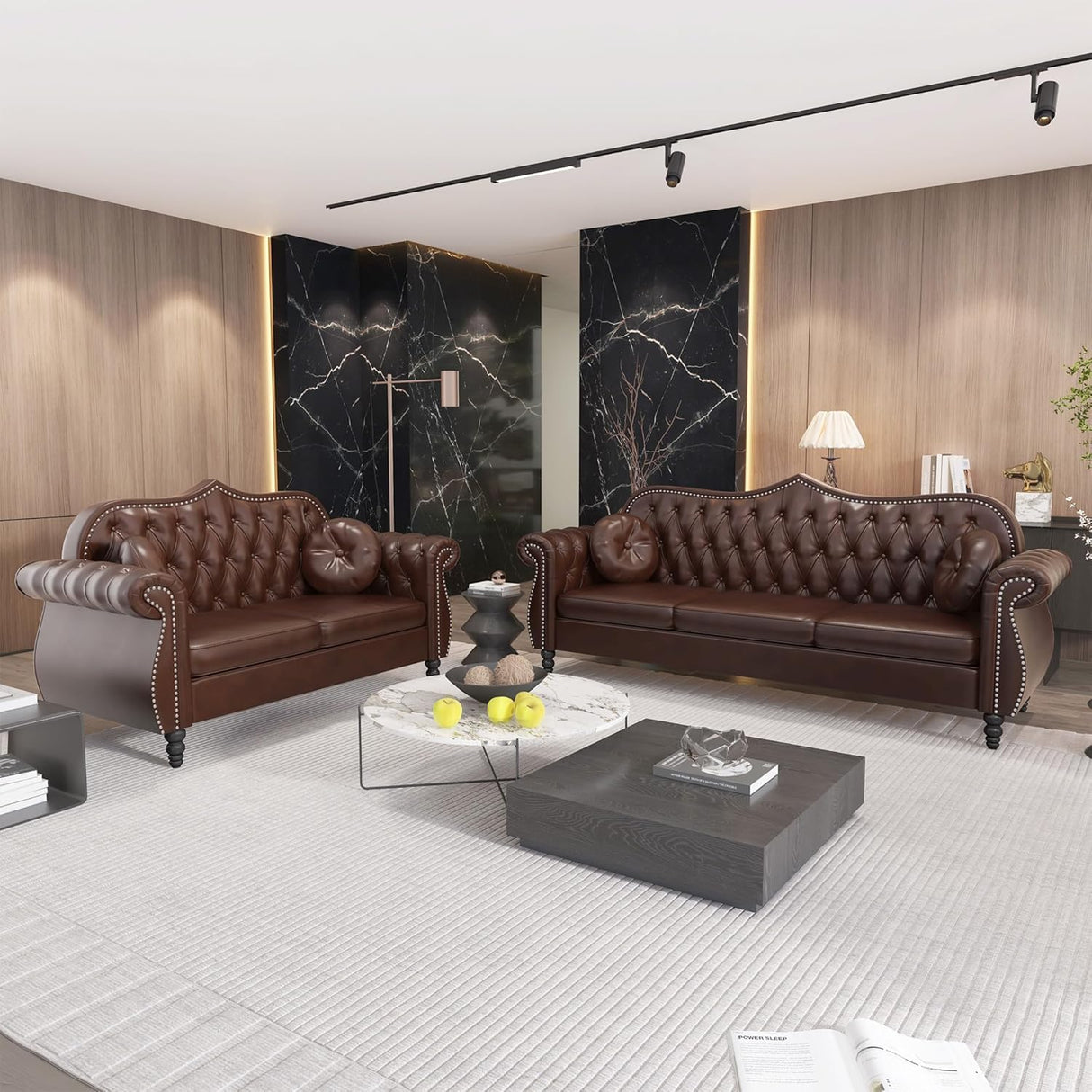 AVZEAR 60" Loveseat Sofa, Chesterfield Sofa, Mid-Century Modern PU Upholstered 2 Seater Sofa, Deep Button Tufted Living Room Sofa with Two Throw Pillows, Brown AVZEAR