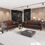 AVZEAR 60" Loveseat Sofa, Chesterfield Sofa, Mid-Century Modern PU Upholstered 2 Seater Sofa, Deep Button Tufted Living Room Sofa with Two Throw Pillows, Brown AVZEAR